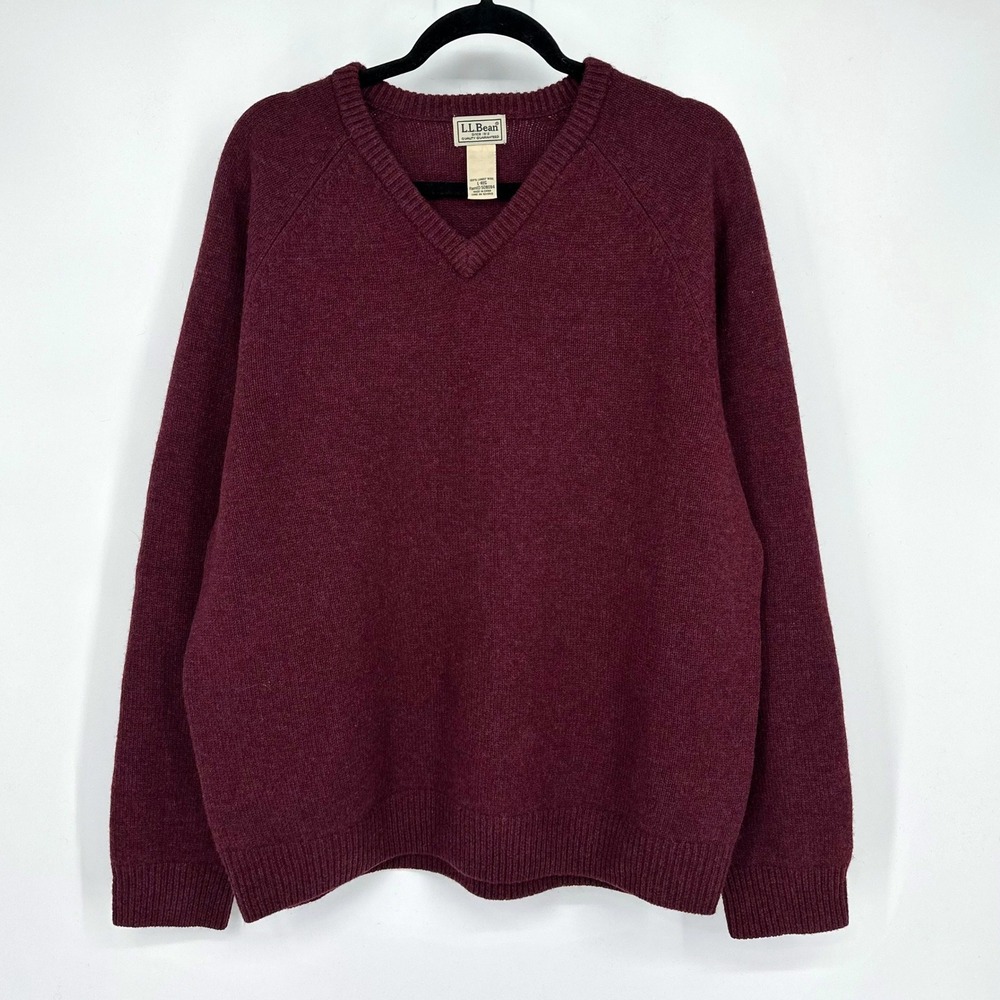Vntg LL Bean Mens Knit Lambswool V Neck Sweater Burgundy Red L Christmas Holiday